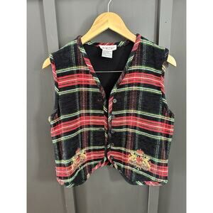 Talbots Red Tartan Plaid Vest Women's S Embroidered Crest Acrylic Wool Preppy